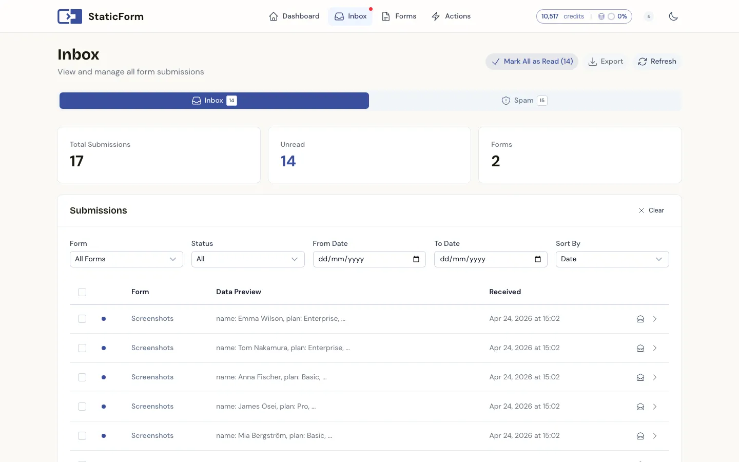 StaticForm submission inbox