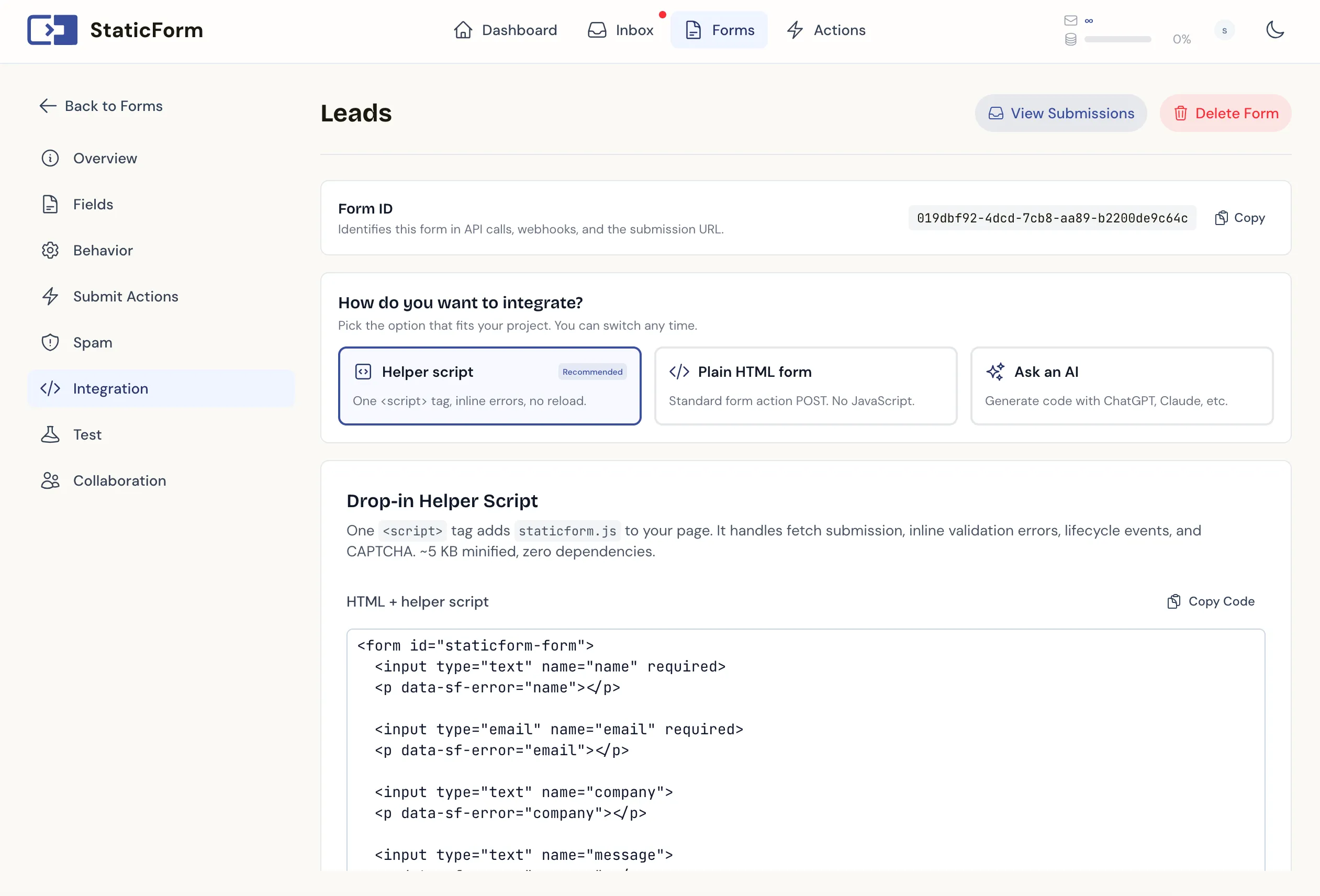 Integration panel with generated code snippets